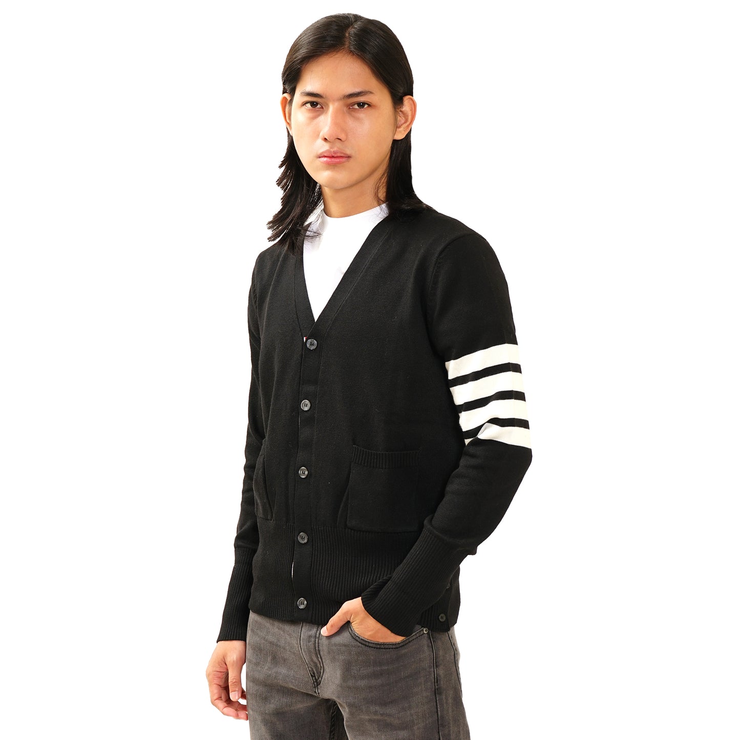 TBN Bar Stripe V-Neck Knitted Cardigan