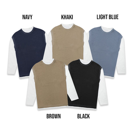 Beams Faux Layered White Sleeve Long Sleeve T-Shirt