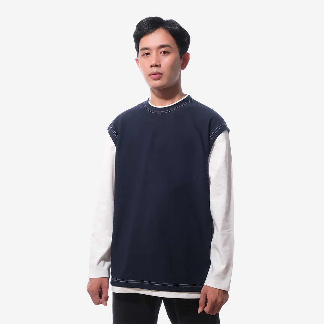 Beams Faux Layered White Sleeve Long Sleeve T-Shirt